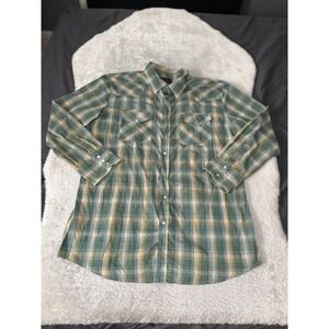 High Noon Mens Western Green Plaid Pearl Snap Long Sleeve Shirt‎ Size XLT Tall